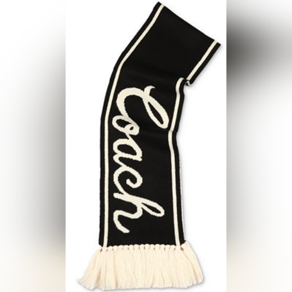 Coach Varsity Logo Knit Wool Blend Fringe Trim Scarf